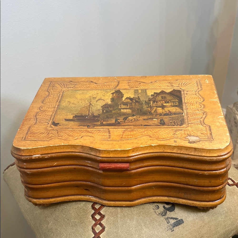 Vintage Wooden Jewelry Box with Scenic Design
